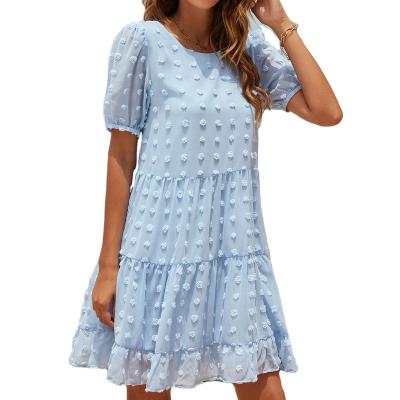 China New Arrival Polka Dot Short Puff Sleeve Ruffled Loose Mini Dress Breathable Woman for sale