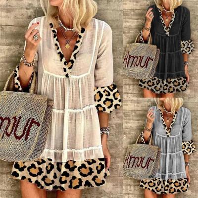 China New arrival breathable leopard ruffled patchwork loose leopard V-neck cheetah woman dress causal dress for sale