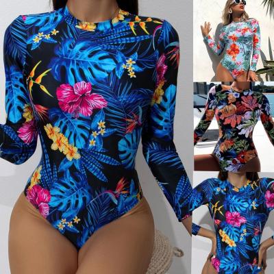 China 2022 New Women's Girl's Soft Sexy Tight Backless Print Breathable Swimwear Designer One-Piece Long Sleeve Swimsuits for sale