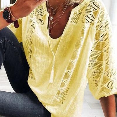 China Wholesale Breathable Lace Patchwork U Neck Female Loose Top Plus Size Solid Sleeve T-shirt Women Boutique Tops for sale