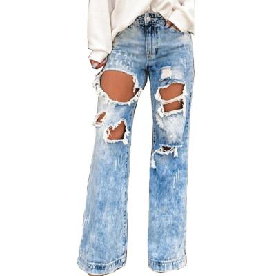 China Breathable Wholesale Monogram 2021 Women Mid Waisted Distressed Holes Ripped Pants Wide Legs Washed Jeans for sale