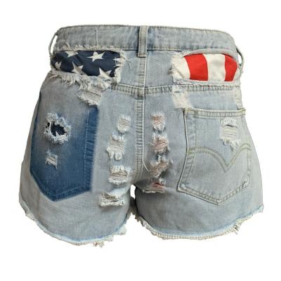 China Breathable Hot Selling American Flag Printed Women Jean Shorts Plus Size Cotton Ripped Denim Short Pants for sale