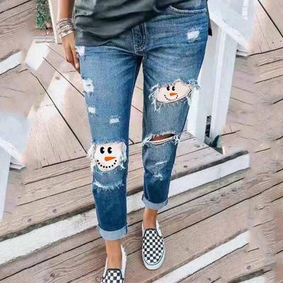 China Christmas Breathable Wholesale Jeans Cute Face Print Snowman Women Monogram Jeans for sale