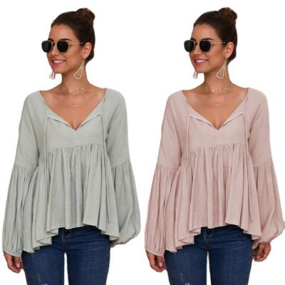 China Wholesale Breathable Puff Sleeve Woman Blouse , V Neck Solid Ruffled Long Puff Sleeve Woman Tops for sale