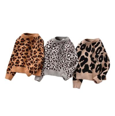 China Long Sleeve Crewneck Breathable Sweatshirt Knitted Pullover Outfit Toddler Kids Leopard Sweater for sale