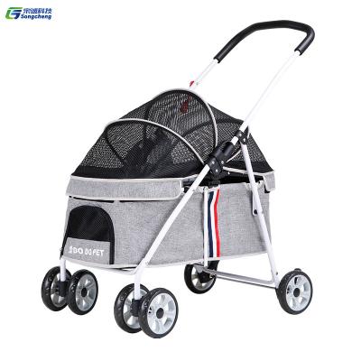 China Outdoor RTS Foldable Lightweight Breathable Foldable Carrier Cart Black 4 Wheel Pet Lounging Sroller For Dogs Cats for sale