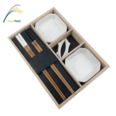 China Wooden Box Viable Custom Sushi Set 2 Pair Bamboo Chopsticks With Holders 2 Sauce Ceramic Tableware Gift Set For 2 Person for sale