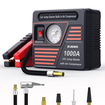 China Multifunction 6 in 1 JF.EGWO 12V Car Jump Starter 1000A Portable Power Bank Starter with Air-Compressor for sale