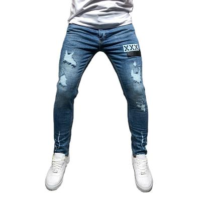 China QUICK DRY WASHED MEN'S JEANS men's jeans breathable logo skinny ripped trousers L0012 for sale