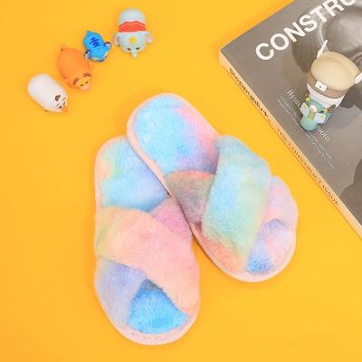 China Fashion Autumn Winter Children's Thermal Fur Bedroom Shoes Crossed Toe Fluffy Shoes Girls Tie Dye Open Slipper Kids Slippers for sale