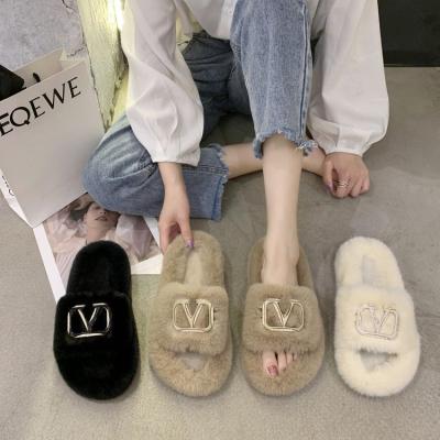 China Fashion Trend Autumn Winter Soft Comfortable Fur Warm Bedroom Shoes Open Toe Womens Slippers Fluffy Flat Slippers for sale