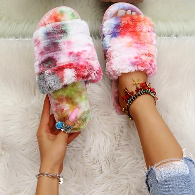 China Wholesale Fashion Trend Ladies Toe Bedroom Flat Shoes Leopard Colorful Faux Fur Slippers Open Slippers For Women for sale