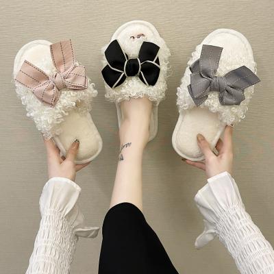 China Fashion Trend Autumn Winter Cute Bow Open Toe Flat Shoes Bedroom Furry Slippers Branded Slippers For Women for sale