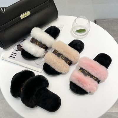 China Fashion Trend Print Flat Toe Furry Indoor Shoes Winter Elegant Open Fur Slippers Wholesale Slippers For Women for sale