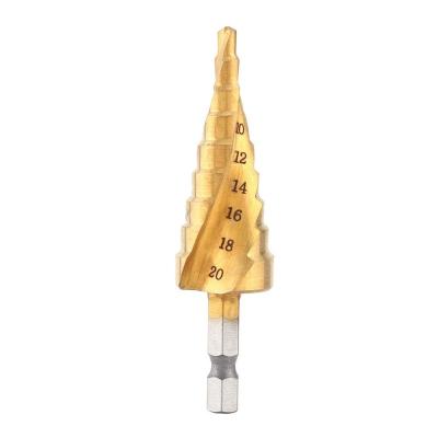 China For Plastic Cone High Speed ​​Steel Drill Bit Steps 4-20mm Step Drill Bit Titanium Coated Spiral Groove Hex Shank for sale