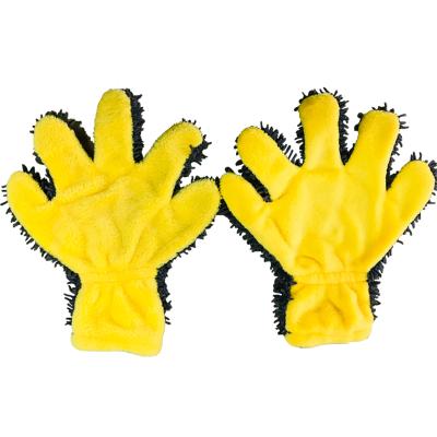 China High Quality 100% Polyester Side Car Cleaning Gloves Double Microfiber 5 Fingers Hand Shape Car Were Glove Chenille Glove for sale