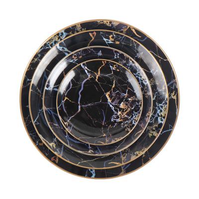 China Sustainable Bone China Dish Ceramic Luxury Black Marble Porcelain Gold Rim Dishes Set Dishes Custom Restaurant Dinner Dishes for sale