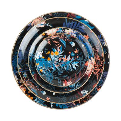 China Sustainable Luxury Black And Colorful Flower Pattern Customized Ceramic Dinnerware Sets Charger Dishes For Banquet for sale