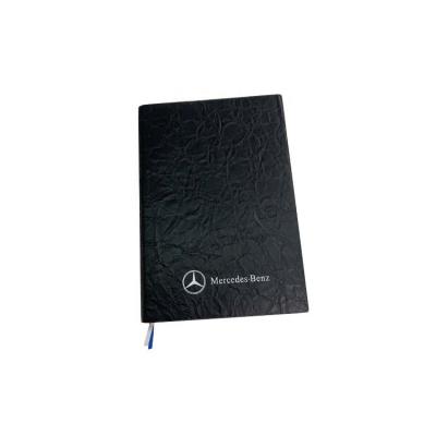 China Custom Hot Ribbon Logo Printed Black Textured Cover Lined Inner Page PU Leather Notebook for sale