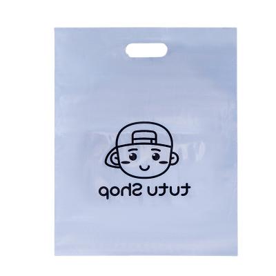 China Disposable Eco Friendly Custom Logo Design Transparent PE Die Cut Plastic Poly Bag Takeout Shopping for sale