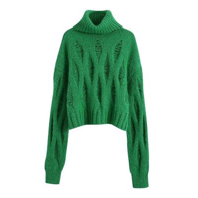 China Keep Warm Autumn Women Knit Sweater Fashion 2021 Ripped Sweater Turtle Neck High Quality Sweater for sale