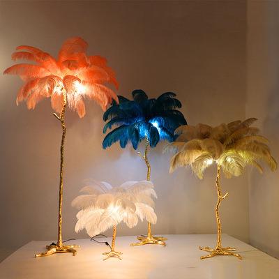 China OEM Logo Packing Natural Feather Post Designer Nordic Modern Copper Bed Side Gold Ostrich Feather Low Table Lamp for sale