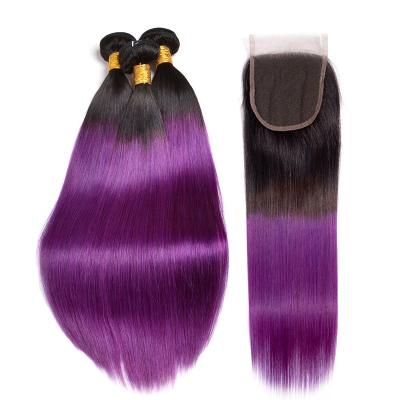 China Body Wave Ombre Hair Bundles With Closure 1B Straight Purple 100% Hair Bundles Brazilian Remy Hair With Closure for sale