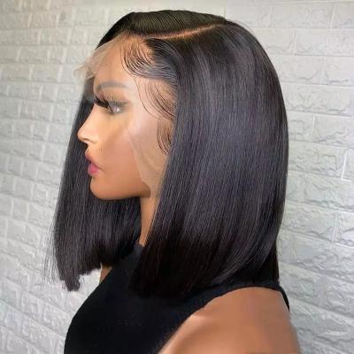 China Yaki In Stock Ready To Ship 13x4 4x4 5x5 Bob Human Hair Blend HD Transparent Swiss Lace Front Wig With Bangs For Black Women for sale