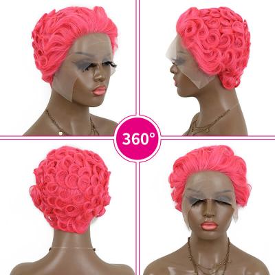 China Pink Purple Green Pixie Cut Wig Human Hair Short Yaki Wig Colorful Bleached Knots Headband Pixie Cut Short Bob Wig 13x1 Lace Wig for sale