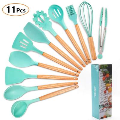 China Sustainable 11pcs Silicone Kitchen Utensil Set WithWood Handles Cookware For Cookware Nonstick Turner for sale