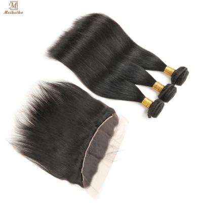 China Wholesale Price 100% Straight Brazilian Hair Bundles With Swiss Closure Swiss Frontal Bundles Silky Pre Plucked Lace Cuticle Straight Aligned for sale