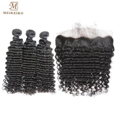 China Unprocessed Virgin Hair Weave Meileiko 12A Deep Wave Bundles With Frontal Remy Human Hair Brazilian Hair Bundles With Closure 3 Bundles With Headband for sale