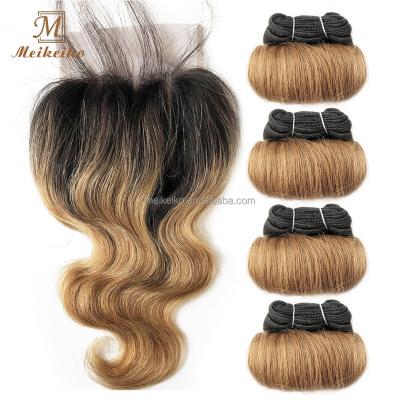 China Brazilian Body Wave Hair Bundles With Closure Afro-B Body Wave Virgin Hair Bundles Two Tone Color Short Length With Lace Closure for sale