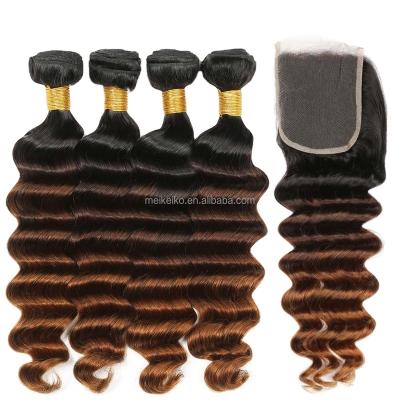 China Deep Wave Deep Wave Hair Bundles With Closure Ombre Brown Color With Closure Unprocessed Brazilian Bundles Hair Extension for sale