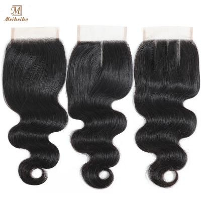 China 100% Virgin Remy Human Hair Meikeiko Brazilian Hair 4x4 Body Wave Lace Up Transparent Closure With Baby Hair for sale