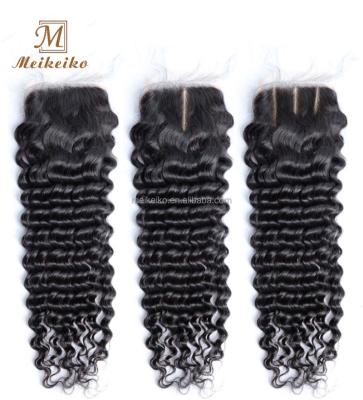 China Brazilian Remy Hair 4x4 Lace Closure Natural Deep Hairline Free Part Middle Wave Brazilian Remy Hair Three Part Human Lace Closure for sale