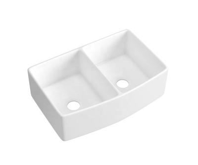 China Without Faucet Modern Design Rectangular Kitchen Double Bowl Sink Ceramic Undermount White Basin for sale