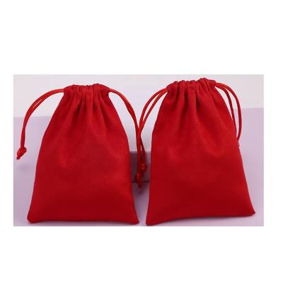 China Recyclable Custom Red Logo Suede Jewelry Bag Gift Packaging Drawstring Pouch Recyclable Short Plush Cotton Velvet for sale