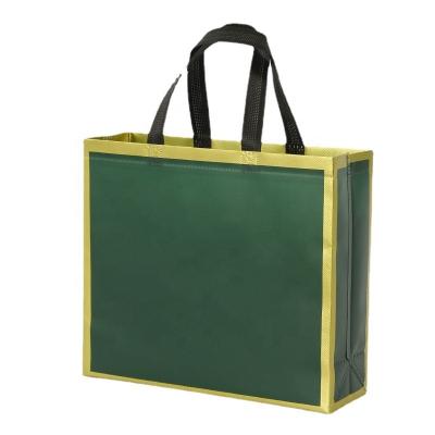 China Promotional Custom Supermarket Logo Printed Non Woven Handled Reusable Grocery Bags Green With Gold Frame for sale