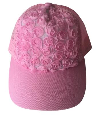 China JOINT Pink Color Girl's Summer Hat 5 Panel Flower Design Inlay Kids Hat for sale