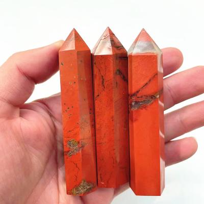 China Europe Natural Red Prism Gem Wand Red Jasper Point Crystal Tower Energy Ore Hexagonal for Healing Decor for sale