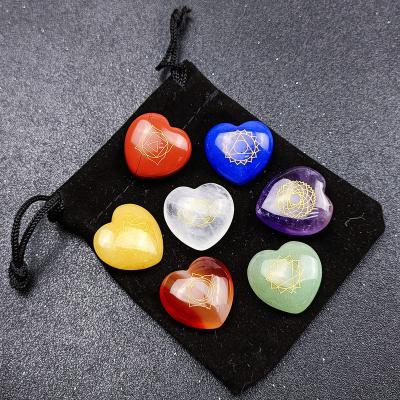 China Europe Natural Gems Carving Stone Heart Shape Sets Crystal Rune Fortune Telling Stone Seven Chakras Healing for sale