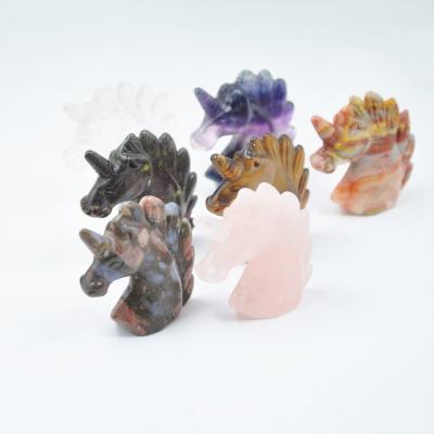 China Natural Stone Healing Crystal Unicorn Animal Statue Reiki Carving from Europe Open Fluorite Unicorn Sculpture for sale