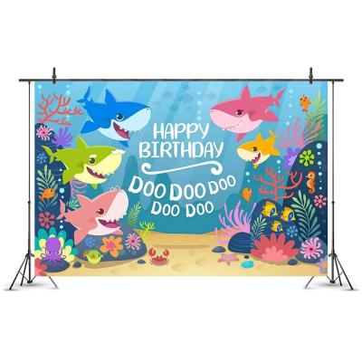 China Custom Cute Baby Shower Photography Birthday Party Decoration Hot Selling Amazon Shark Underwater Vinyl Pictures Children Happy Birthday Baby Shark Backdrop for sale