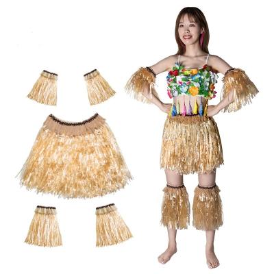 China Hawaii Party Supplies Set 5Pcs Polynesian Dance Grass Dance Skirt Flower Hawaii Hawaiian Bracelets Headband Women Necklace Tropical for sale