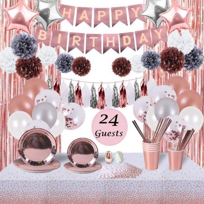 China Wedding 194Pcs Rose Gold Birthday Party Decorations and Tableware Set 24 Guests Party Supplies for Women for sale