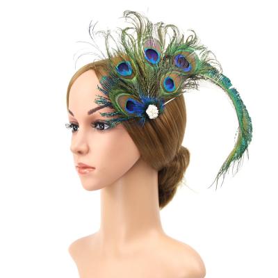 China 2021 plush bride feather headdress banquet photo peacock feather hairpin for sale