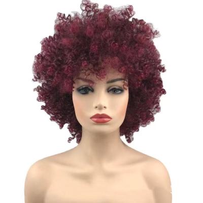 China LK Bodybuilding Short Hair Afro Lead Wave High Temperature Wavy Female Black Curly Cheap High Quality Resistant Wine Red Synthetic Wig for sale