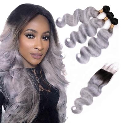 China LK 100% Brazilian Virgin Hair Soft Smooth Thick Shedding Remy Raw T1b/Silver Gray Color Human Hair Weave Barely Shedding Bundles Weave & Extensions Closure for sale