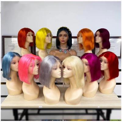 China Wholesale 180 LK Short Hair Good Thickness Low Density 100% Indian Virgin Hair 100% Indian Raw Blonde Color Straight Transparent Headband Bob Wigs T Part HD Lace Wigs for sale